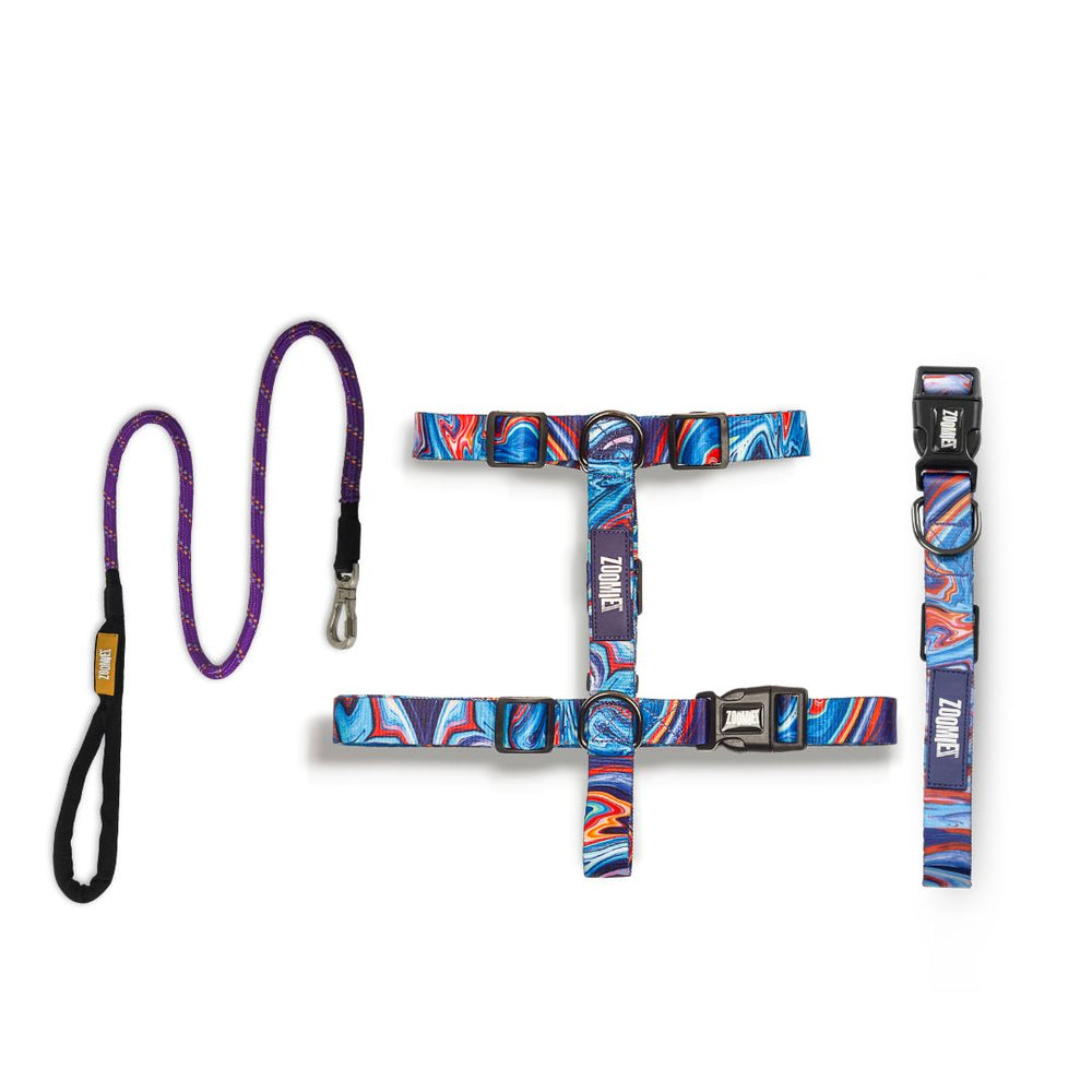 Zoomiez H-Harness, Printed Collar & Tuff Leash Co-ord Set - Fluid